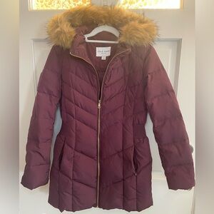 Cole Haan women’s Burgundy Puffer Coat with Faux Fur Trim size small